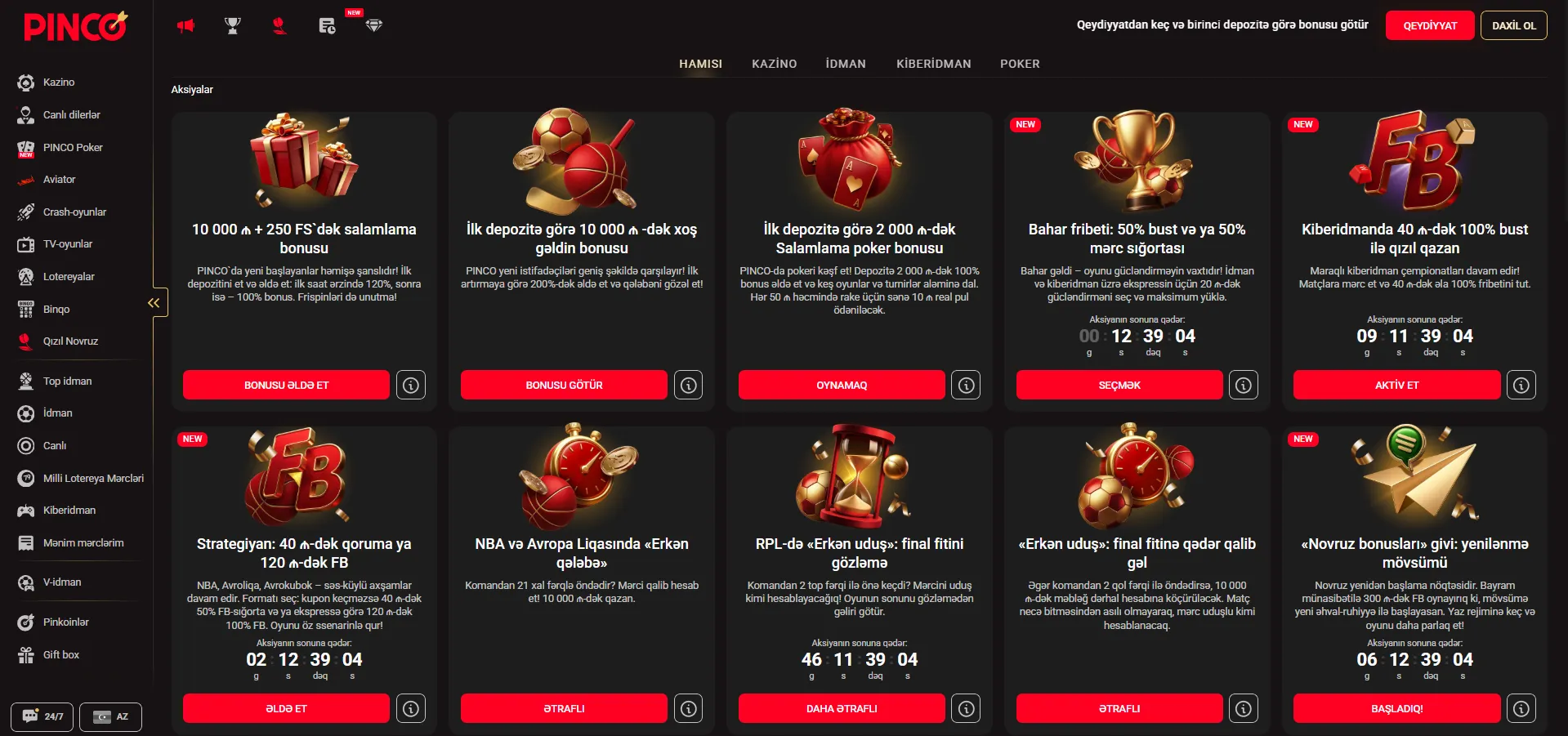 Pinko casino həvəsləndirmə sistemi: depozitsiz bonuslar, frispinlər, keşbek